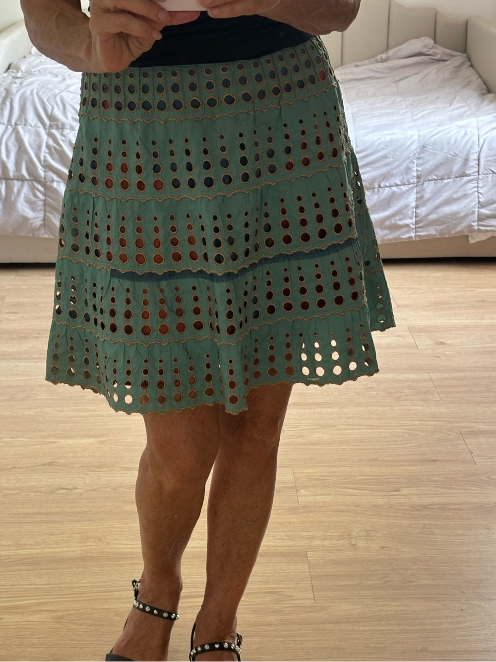 Women's Eyelet Tiered Skirt in Teal. Made in Italy